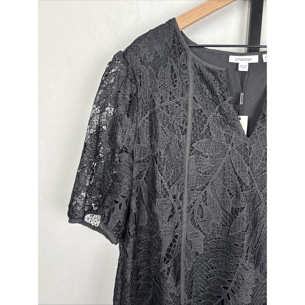 NEW Chico's Lace Leaf Dress Women's Size 14 Black Textured Short Sleeve Boho - Picture 4 of 12